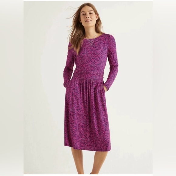 Boden Dresses & Skirts - Boden Abigail Jersey Long Sleeve With Pockets Ruched Waist Navy Pink Midi Dress